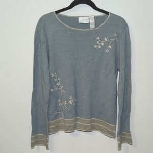Liz Claiborne Dusty Blue Sweater Wool Embroidered Floral Details Women's Size L